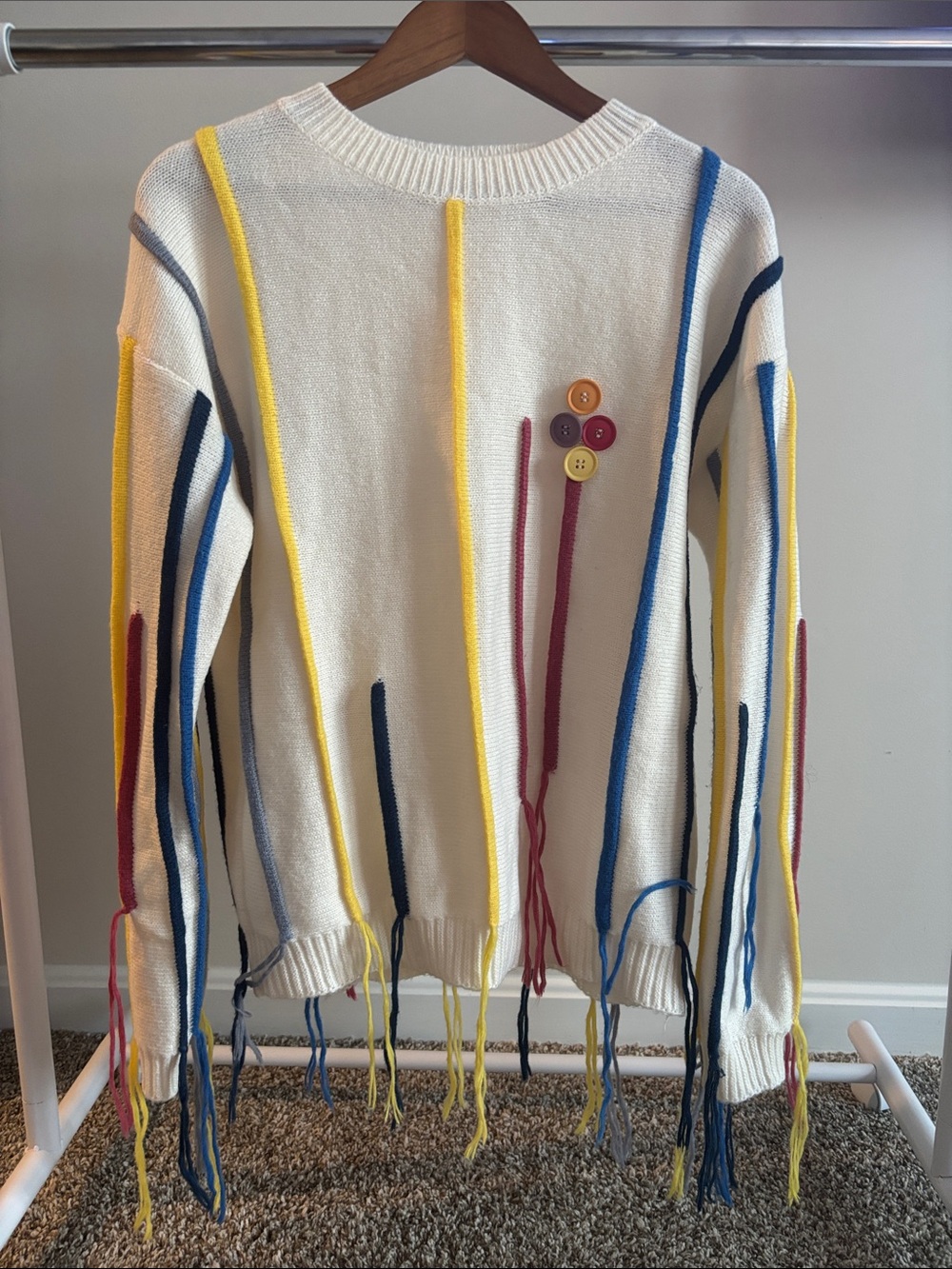 SHEIN Cream Crewneck Sweater with Multicolor Stripe Fringe